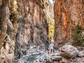 Natural river and forest scenery during a Samaria Gorge trek